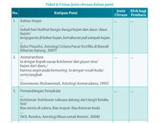 Kunci Jawaban Bahasa Indonesia Kelas 10 Halaman 166 Kurikulum Merdeka, Tabel 6.5 Isian jenis citraan dalam puisi